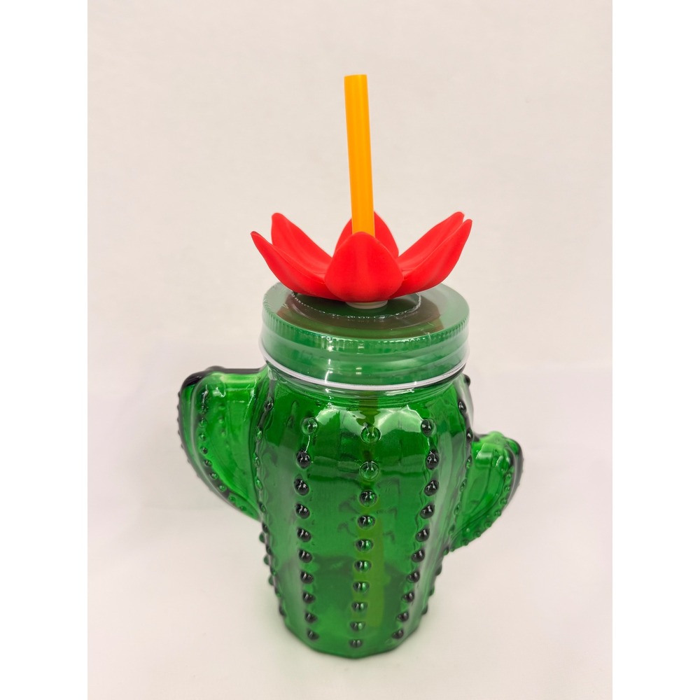 Green Glass Cactus Mason Jar Mug with Lid Straw and Red Flower Topper 16oz